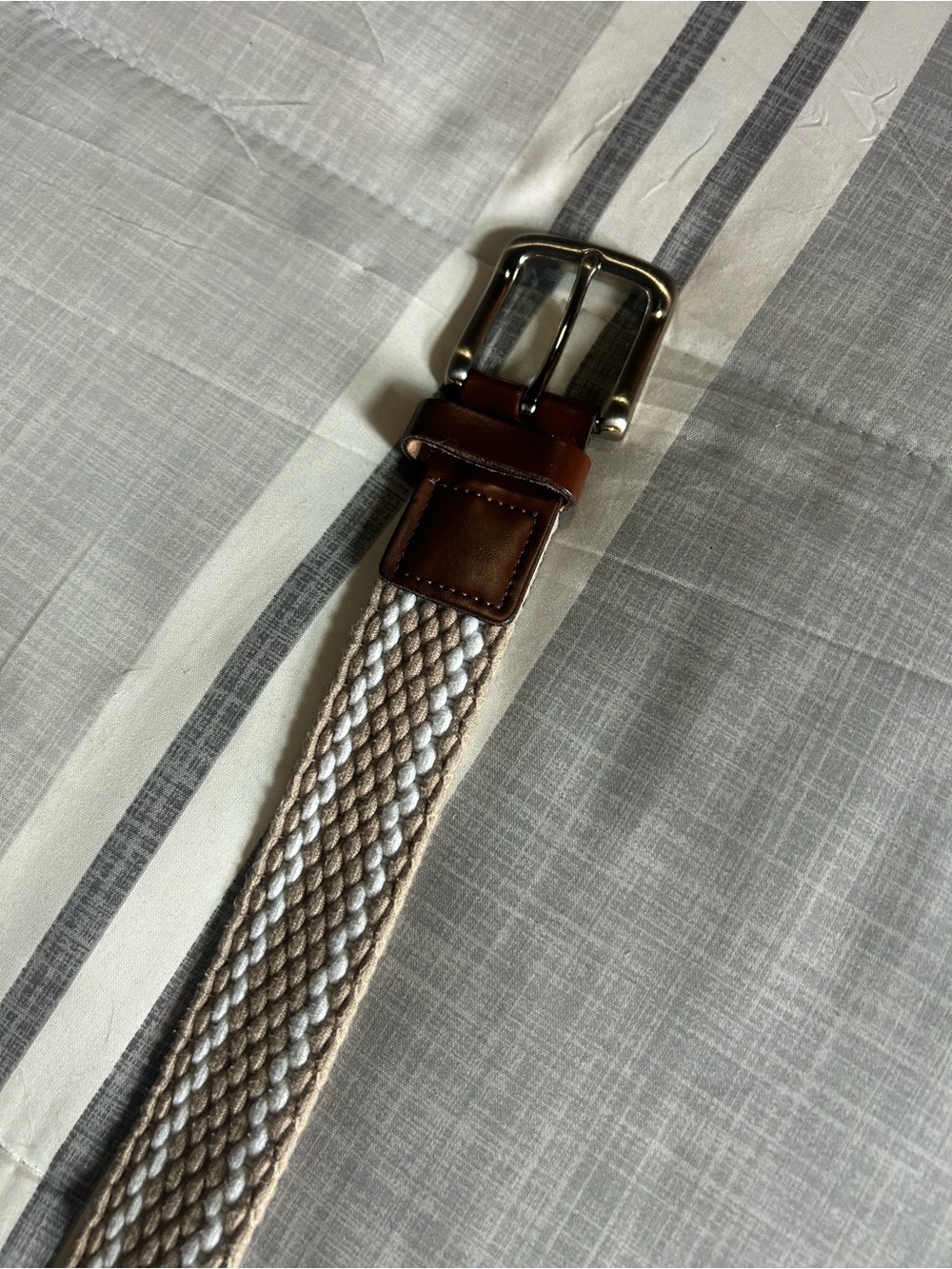 Braided Beige and White Men's Belt with Brown Leather Trim